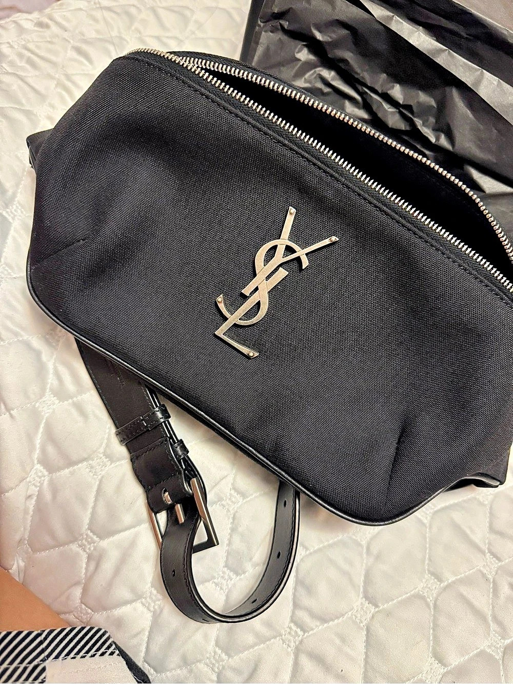 Saint Laurent Cassandre Classic Belt Bag in Canvas and Leather Belt Bag in Black
